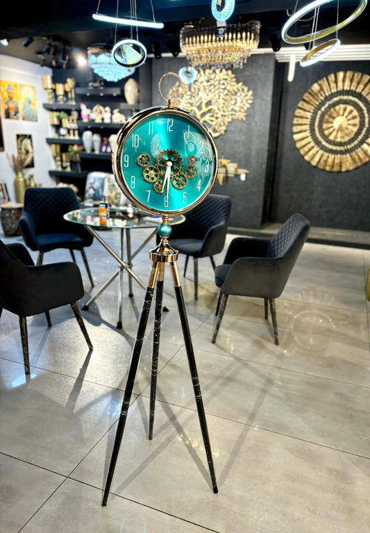 Tripod Base Luxury Designer Clock With Moving Gear Mechanism